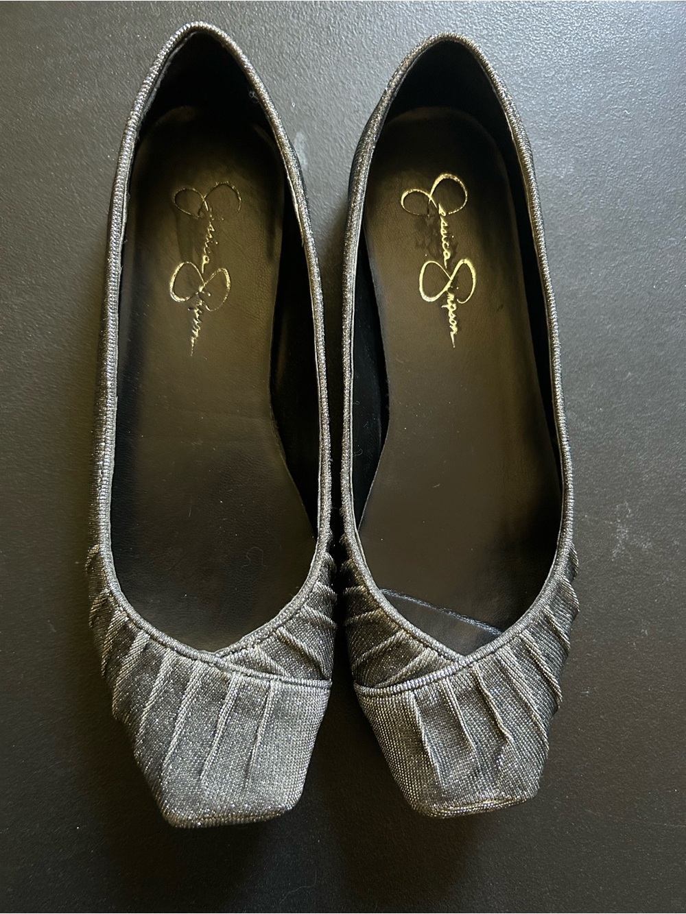 Ballet Inspired Square Toe Flats. Metallic gunmetal grey Jessica Simpson